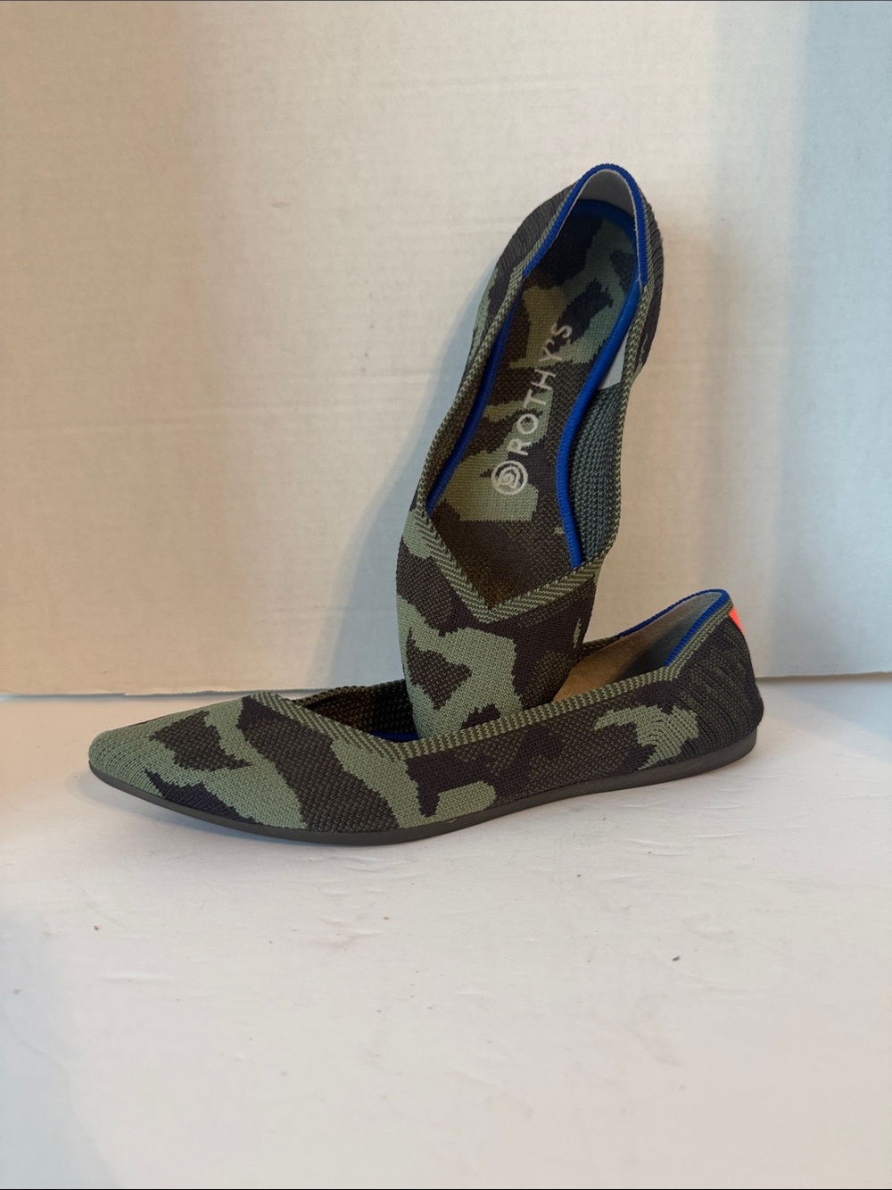 Rothy’s Camo Knit Slip-Ons with Blue Trim
